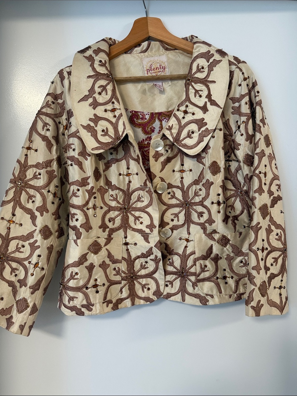 Plenty by Tracy Reese Cream Jacket with Brown Embroidered Motif and Bead Accents